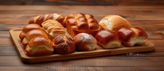 Variety of freshly baked bread and buns on a wooden table background. with copy space image. Place for adding text or design
