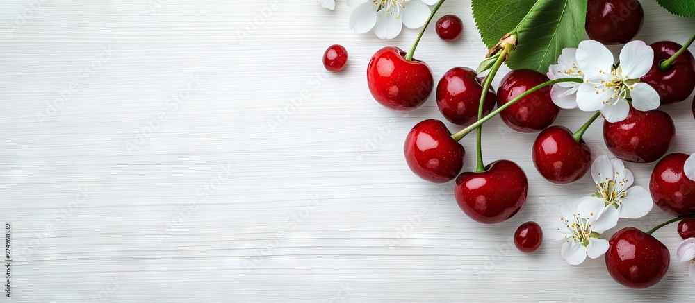 Leinwandbilder a branch of cherries with blossoms on a white wooden surface. with copy space image. place for addin