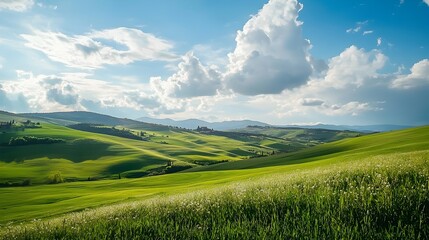 Fototapeta premium Breezy Countryside with Rolling Hills and Scattered Clouds - Serene Pastoral Landscape