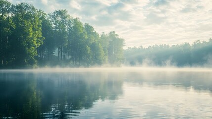Fototapeta premium Early Morning Mist Over Tranquil Lake,Serene Nature Scenery
