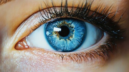 Close-Up of a Blue Eye with Detailed Iris and Long Eyelashes - A mesmerizing close-up of a human eye, showcasing the intricate details of the iris, the depth of the blue color, and the long, dark eyel