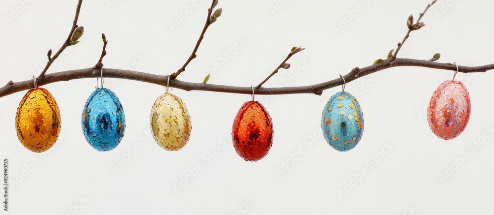 Poster Decorative sequin eggs dangle from a branch against a white background creating an Easter backdrop with copy space