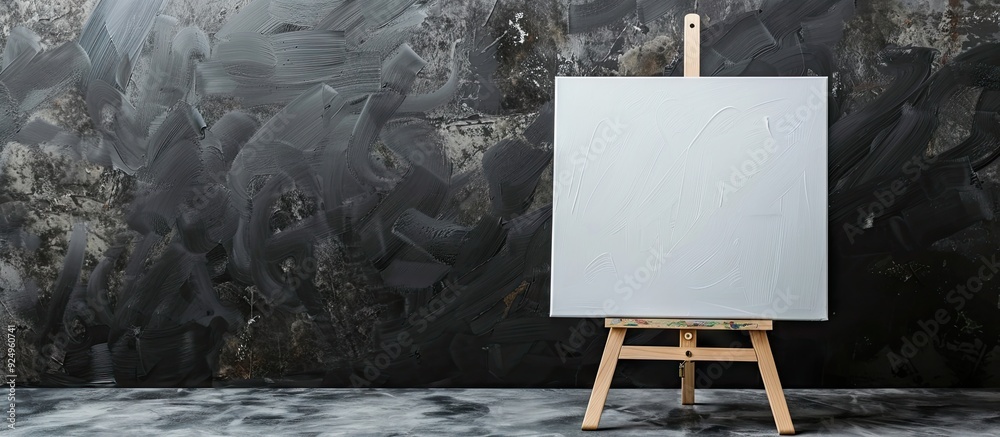 Poster white canvas on a wooden easel with copy space on a black background signage writing area and advert