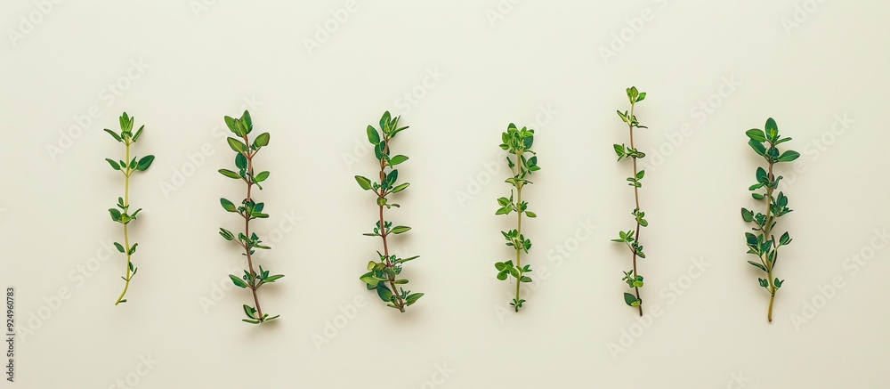 Leinwandbilder Fresh thyme spice isolated against a white background with copyspace for your text Top view Flat lay arrangement