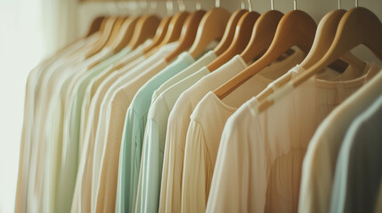 Fototapeta premium A full rack of long female dresses in various colors hangs neatly on wooden clothes hangers inside a wardrobe closet, showcasing a vintage aesthetic with beautifully retro feminine