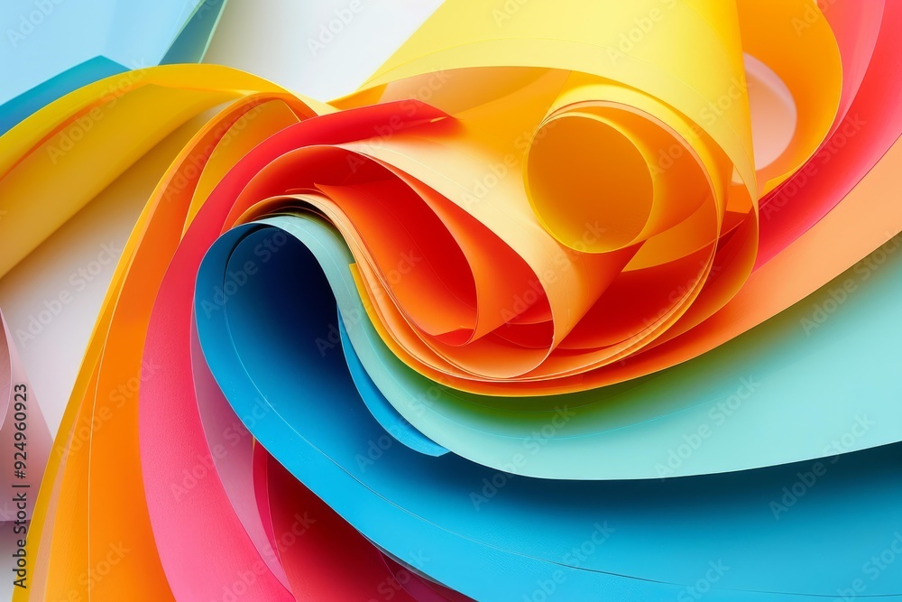 Poster abstract background of bright color paper sheets rolling forming a colorful and textured surface