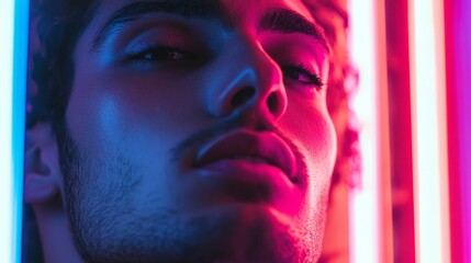 Close-Up Portrait of a Man with Neon Lights - A close-up portrait of a man's face illuminated by vibrant neon lights, conveying a sense of mystery, intrigue, and contemporary style.