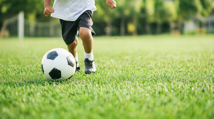 Obraz premium young boy chasing a soccer ball on a vibrant green field, with his small legs in motion, highlighting the excitement of children’s sports and outdoor recreation, photo