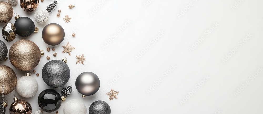 Poster flat lay arrangement featuring christmas balls on a white background christmas and new year banner w
