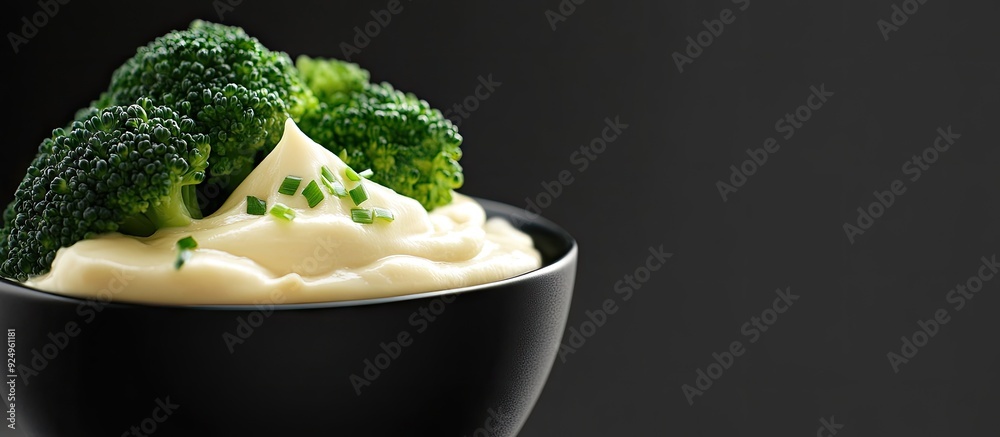 Poster Steamed broccoli and mayonnaise. with copy space image. Place for adding text or design