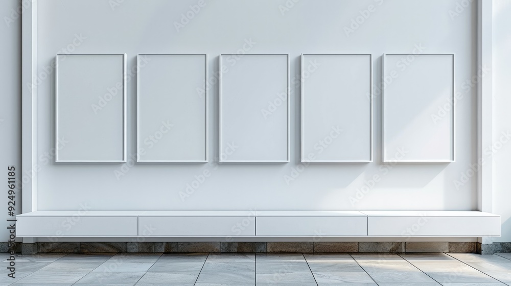 Fototapete White panel fixed to the wall. Inside the panel, at the bottom, 5 open boxes with blank paper cards. Clean modern architecture. Generative AI.