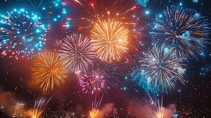 Fireworks dazzling night sky displays with vibrant colors. Generative AI.