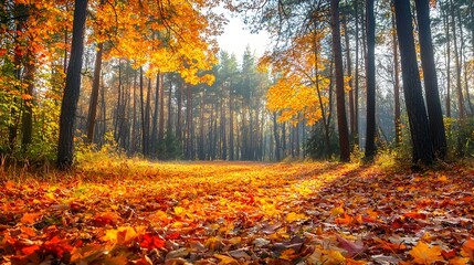 Naklejka premium Vibrant Autumnal Forest Landscape with Colorful Foliage and Crisp Seasonal Atmosphere