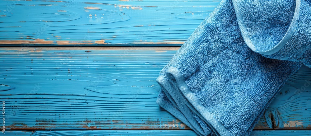 Poster blue towel viewed from above on a wooden blue surface close up with copy space soft blue napkin in c