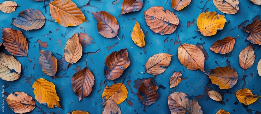 Poster Dry autumn leaves on a light blue background arranged in a flat lay Area for text. with copy space image. Place for adding text or design