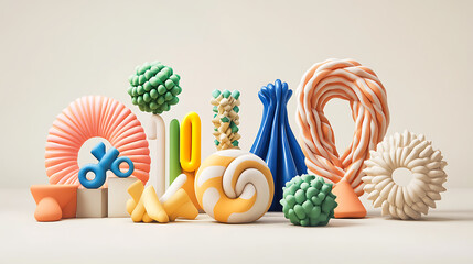 12. A collection of inflated geometric shapes with a smooth plasticine finish, styled in bold Y2K colors 