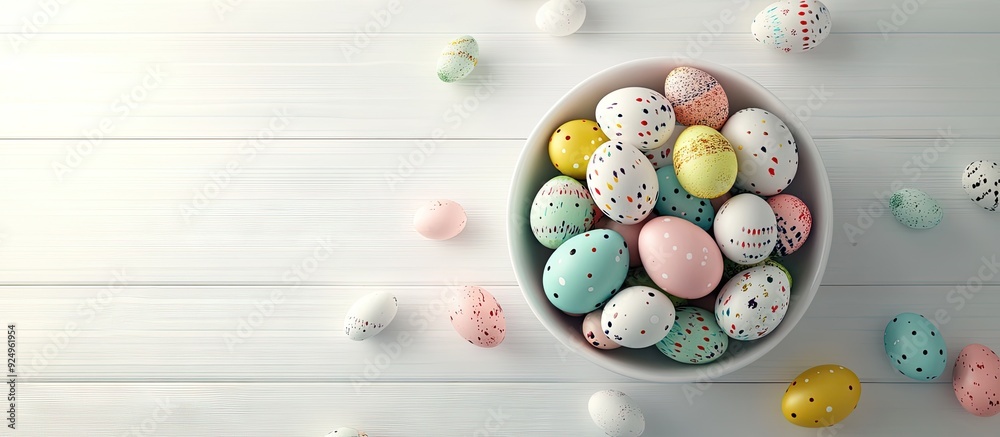 Poster Easter greeting card featuring a bowl of colorful eggs on a white wooden table Includes space for your greetings. with copy space image. Place for adding text or design