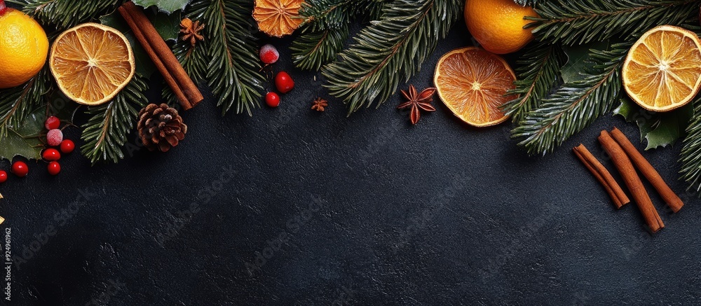 Poster New Year s dark background featuring Christmas tree branches along with sweet candy dried citrus and cinnamon sticks. with copy space image. Place for adding text or design