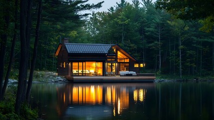 Obraz premium Serene Lakeside Retreat Nestled Among Towering Pines for Peaceful Getaway in Nature