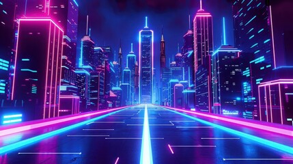 Retro scifi cityscape with neon lights, front view, captures the charm of futuristic urban life, advanced tone, Triadic Color Scheme