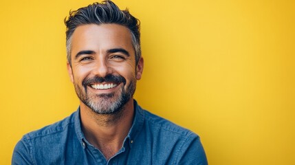 Obraz premium Confident and Happy Middle-Aged Man Smiling Against Yellow Background - A portrait of a middle-aged man with a confident smile, representing positive emotions, success, and maturity. He is wearing 