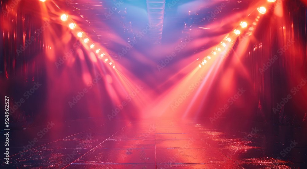 Poster A dynamic light scene with beams and colors moving to a strong rhythm. Generative AI.