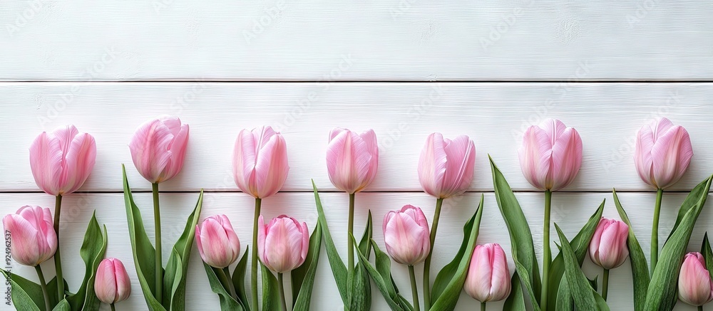 Aufkleber pink tulips against a white wooden background. with copy space image. place for adding text or desig