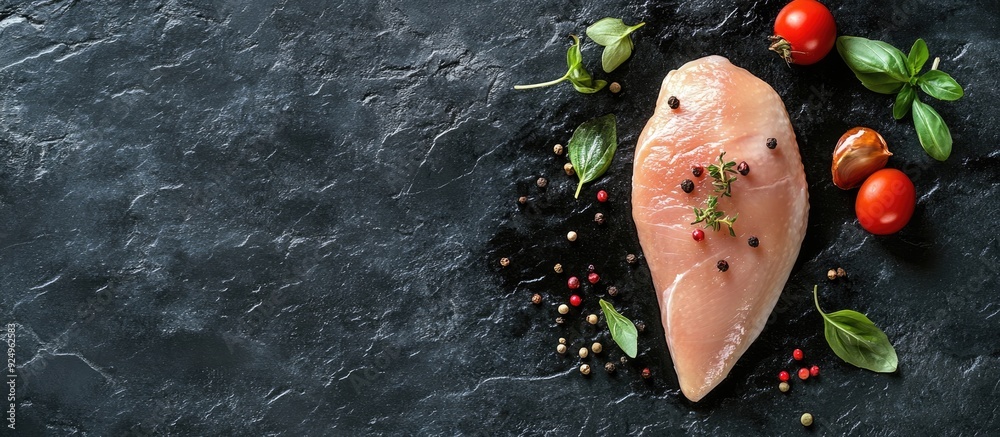 Poster Raw chicken breast for grilling with spices and herbs on a dark background top view Raw chicken for cooking A concept for delicious balanced meals. with copy space image