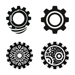 Set of four black gear icons with various designs, from simple to intricate, representing technology and engineering concepts.