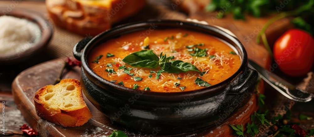 Poster Homemade Italian tomato soup with basil and a spoonful of sour cream in a soup pot accompanied by an Italian bread roll and a tomato on a stone surface. with copy space image