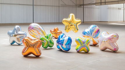 2. A collection of inflated star shapes with a smooth, shiny surface, capturing the essence of Y2K aesthetics 