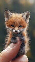 Obraz premium An incredibly detailed, 8K photorealistic image of a tiny baby fox resting on a human finger, capturing the rich hues of its fur and the sharpness of its eyes