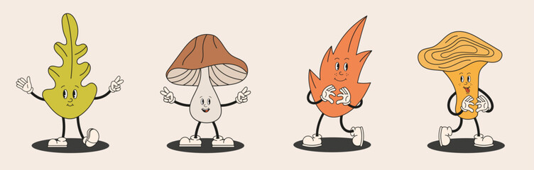 Autumn collection of happy cartoon characters, leaf, oak, mushroom, chanterelle. Cute autumn mascot in retro groovy style. Hello autumn banner, harvest time.