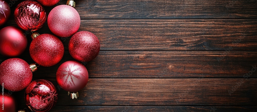 Poster Red and pink Christmas ornaments on a dark wooden table Top view. with copy space image. Place for adding text or design