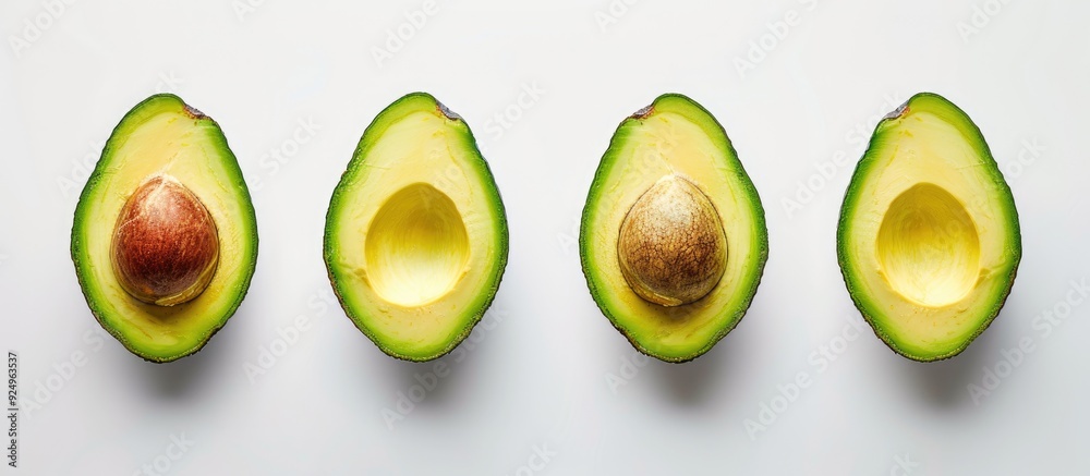 Poster Flat lay arrangement featuring ripe avocados against a white background with space for text Top view. with copy space image. Place for adding text or design