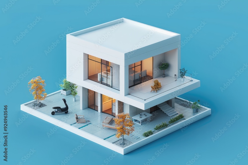 Aufkleber a 3d render of a modern minimalist house model isolated on a blue background. generative ai.