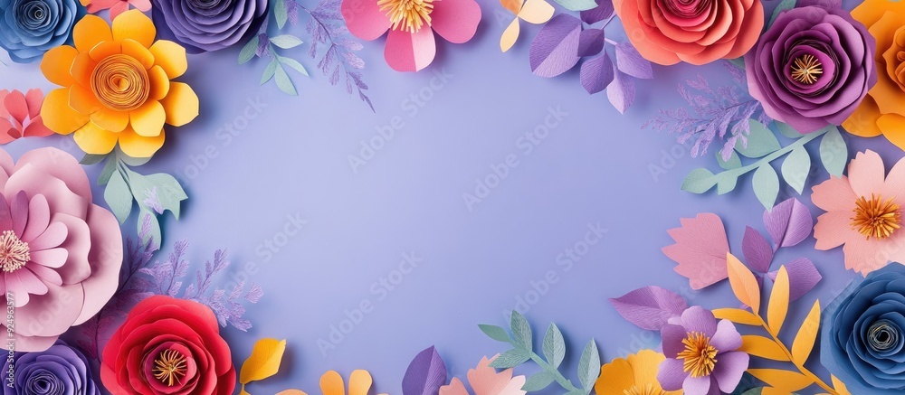 Fototapete Frame adorned with colorful paper flowers on a violet background crafted from paper. with copy space image. Place for adding text or design