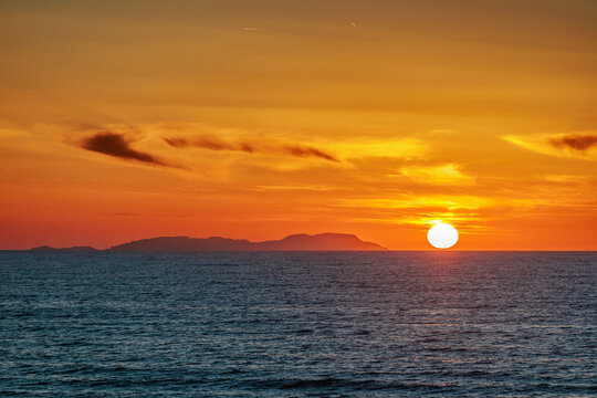 Sunset over the Ionian Sea near the town of Acharavi on the island of Corfu
