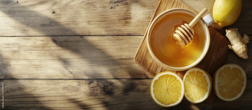 Aufkleber a cup of ginger tea with lemon and honey on a wooden surface top view with copyspace