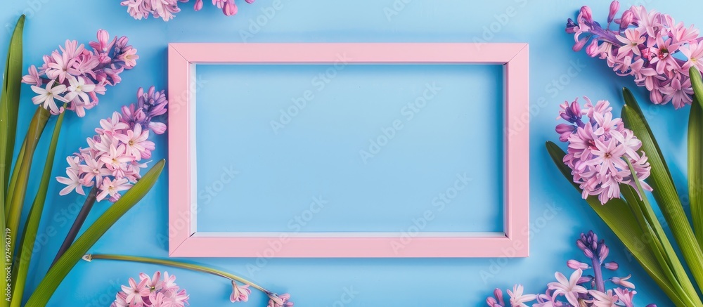Aufkleber Arrangement featuring a paper frame plant branches and hyacinth flowers against a colored background. with copy space image. Place for adding text or design