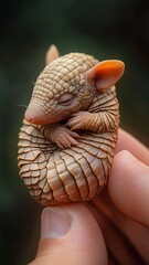 An incredibly detailed, 8K photorealistic depiction of a tiny baby armadillo curled up on a human finger, its armored plates and small eyes rendered with meticulous detail