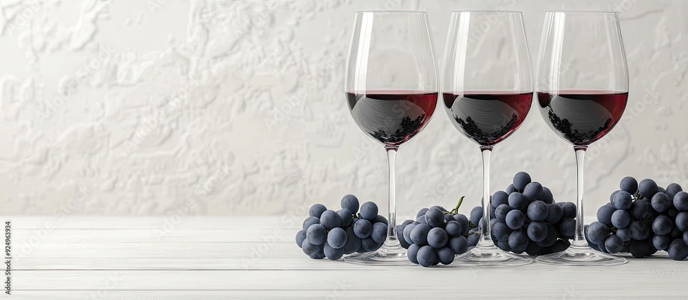 Aufkleber Three glasses of red wine and blue grapes on a background of a white wooden table. with copy space image. Place for adding text or design