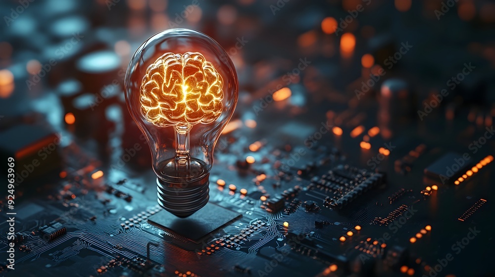Poster glowing lightbulb with brain on circuit board symbolizing technology and intellect fusion