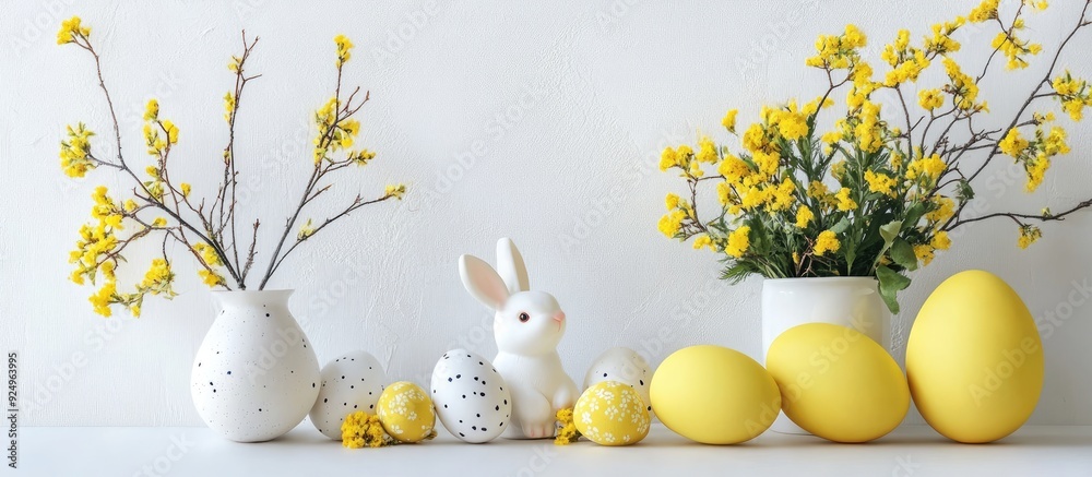 Aufkleber yellow and white eggs yellow flowers and an easter bunny on a white background food displayed on a c