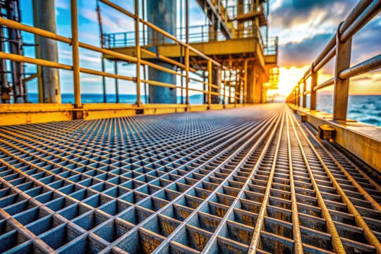 Close-up of rugged offshore steel grating with diagonal pattern and lower level platforms blurred in the background, revealing intricate mesh details and industrial texture.