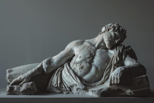 Damaged ancient greek style statue of a muscular male figure resting peacefully