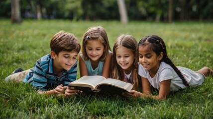 Fototapeta premium Group of children lying reading on grass field