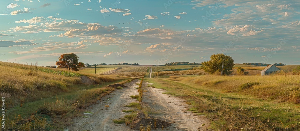 Poster country road leading to a farm. with copy space image. place for adding text or design