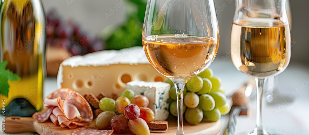 Poster Plate featuring delicious cheese grapes a bottle and a glass of wine on a white background. with copy space image. Place for adding text or design