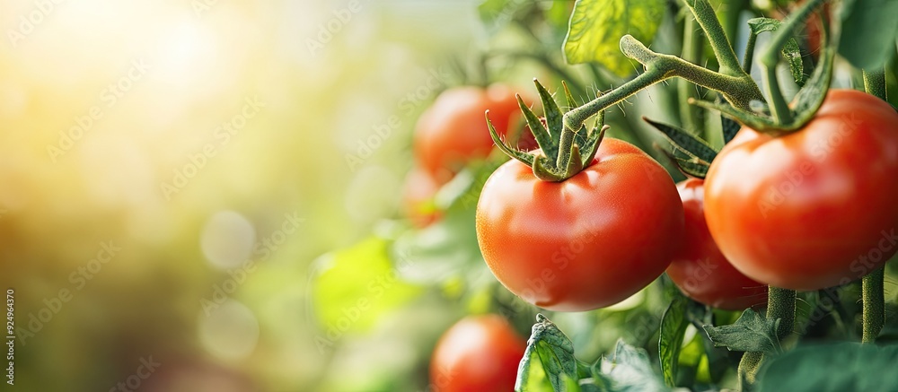 Poster fresh ripened red tomatoes growing in an organic greenhouse garden ready for harvest. with copy spac